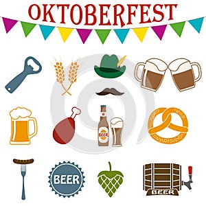 Octoberfest icon set. German food and beer symbols isolated on white background. Oktoberfest beer festival design elements.